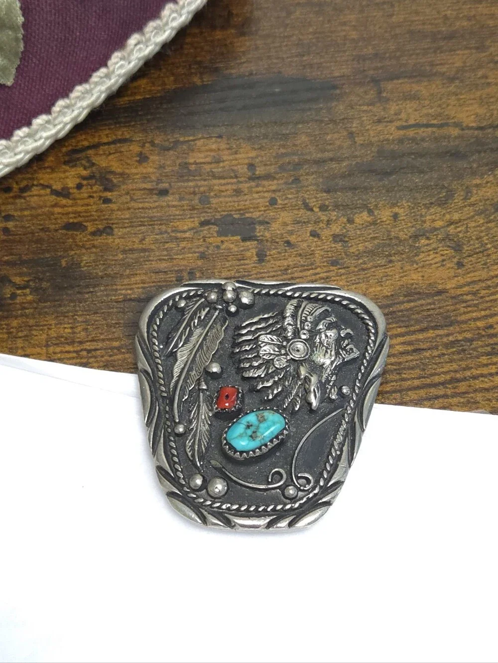 Vintage Native American Cheif Turquoise Coral Stone Bolo Tie Slide Signed SSI